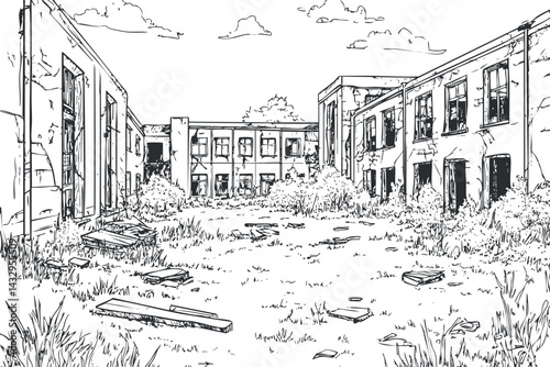 Black and white sketch of an abandoned building courtyard with overgrown grass and scattered debris