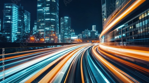 Night cityscape with light trails on highway.