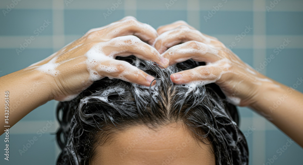 Naklejka premium Hair Washing Bliss: Foamy Shampoo Cleanse for Healthy Locks, Scalp Care Routine, Haircare Tips, & Self-Care Indulgence!