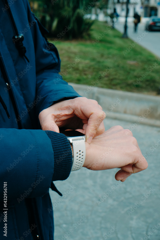 man activating his smartwatch on the street