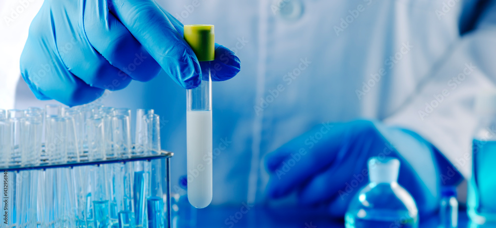 lab worker with a test tube with semen, banner