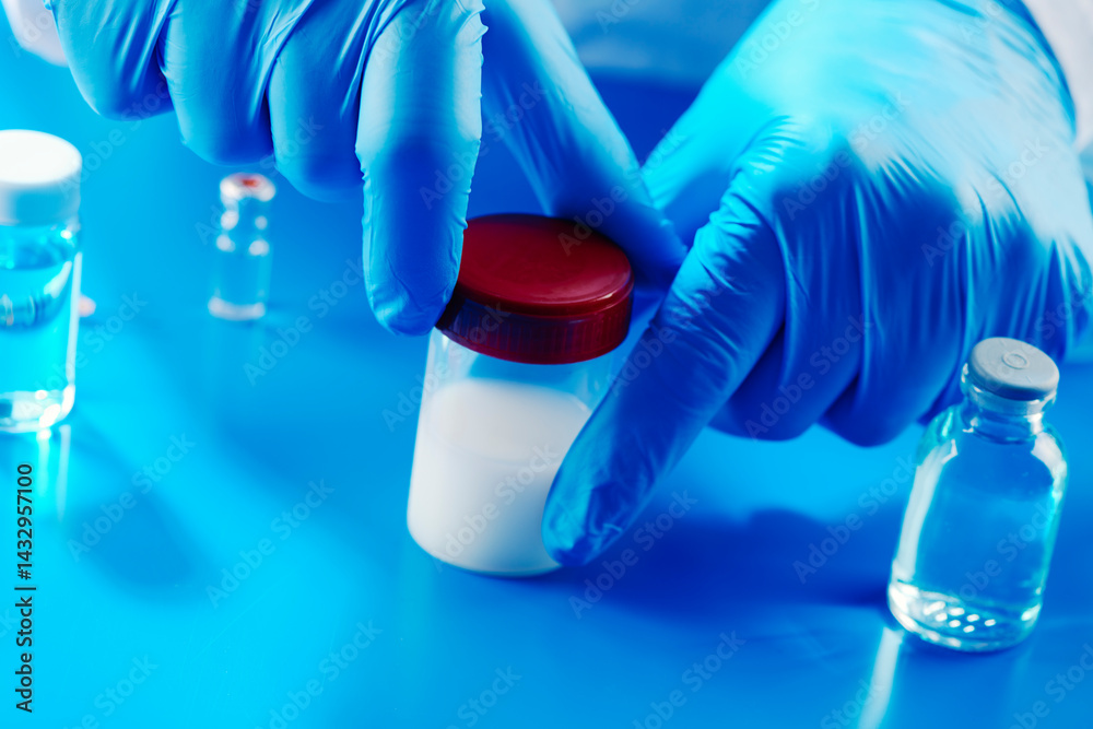 laboratory worker opens a container with semen