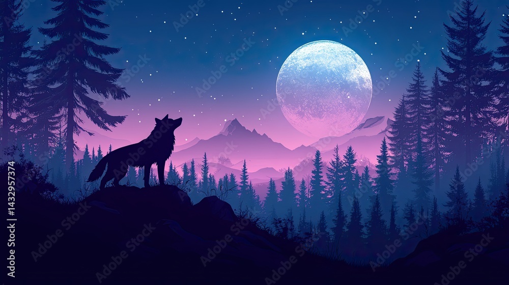Wolf Silhouette in Forest with Full Moon, A Mystical Scene of the Wild Under the Night Sky Wolf Silhouette in Forest with Full Moon, A Mystical Scene of the Wild Under the Night Sky