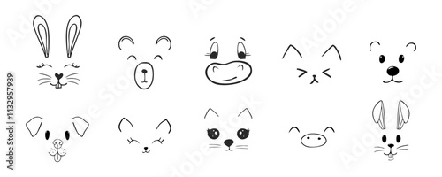 Cute animal faces, pet comic doodle with expressions. Set heads with delicious lick tongue, mouth, adorable emotions. Comic cartoon or kawaii fanny pet