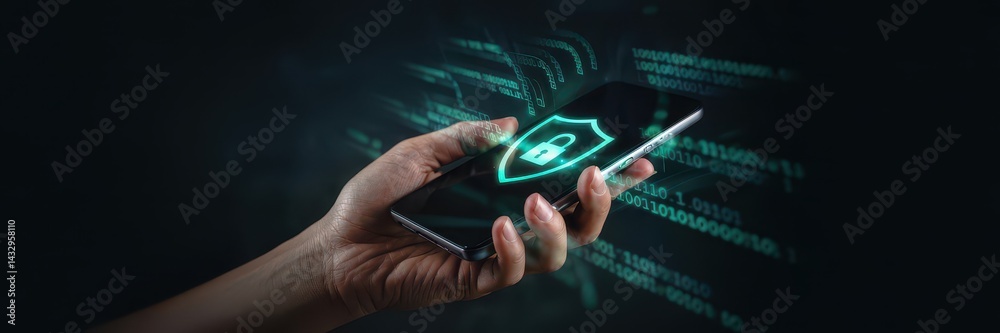 Hand holding a phone with digital security shield.