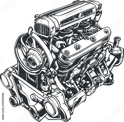 Detailed black and white illustration of a mechanical car engine showing pistons and components.