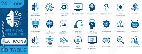 Artificial intelligence icon set. Features editable icons for machine learning, data science, AI, virtual assistant, generative AI, technology, Turing test and more. perfect for flat icon collection