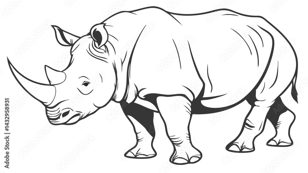 Fototapeta premium Rhinoceros Line Drawing Isolated on White Background Vector