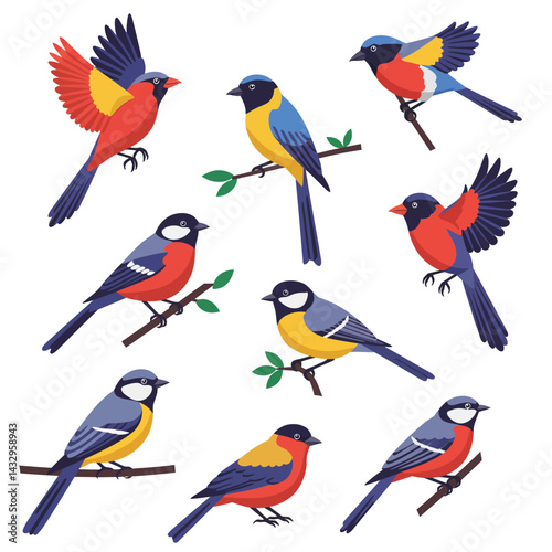 Cute birds. Cartoon colorful sparrow characters, happy flying animals with colorful wings and beaks, zoo and wildlife flat style. Vector isolated set of sparrow character illustration