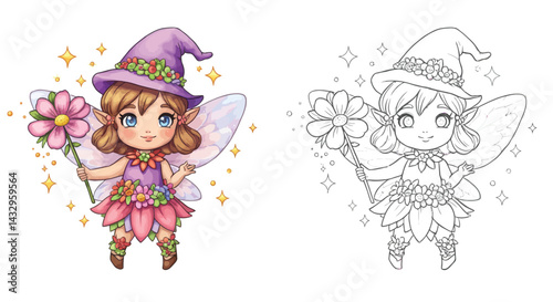 Enchanted Fairy with Flower Wand: A captivating digital illustration of a charming fairy adorned in a floral dress and pointy hat, her wings shimmering with pixie dust, holding a magical flower wand.