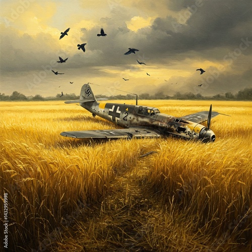 Downed German Bf 109 in Golden Wheat Field