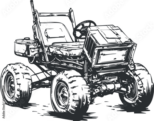 Black and white sketch of a farm tractor with large tires, steering wheel, and seat, used for agricultural work.