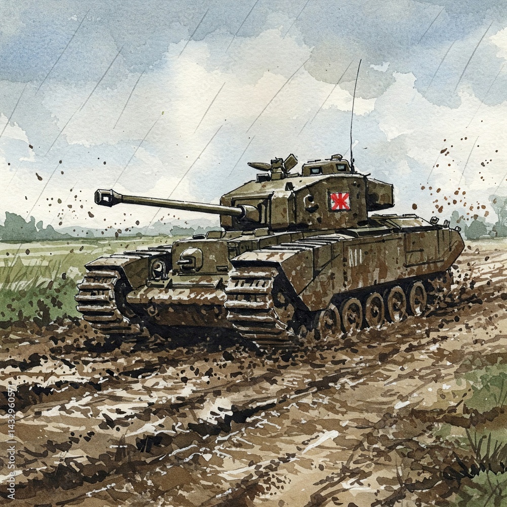Fototapeta premium Churchill Tank Moving Slowly Through Deep Mud