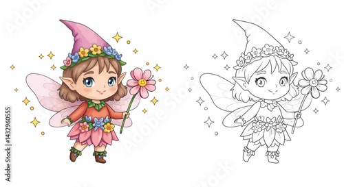 Enchanting Pixie with flower: A captivating pixie sprite, with fluttering wings, tenderly cradles a flower, evoking a sense of wonder and magical charm.&#x20;