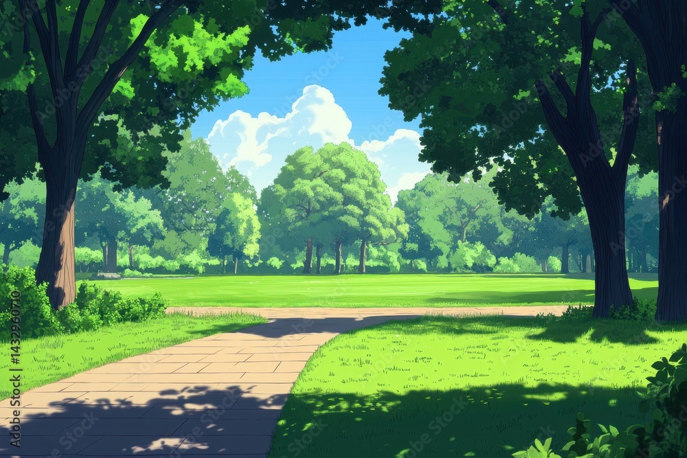 Fototapeta premium Lush green anime park with vibrant trees and a sunny sky perfect for outdoor activities, anime park background with lush green lawns, anime style, seamless ing Photo background