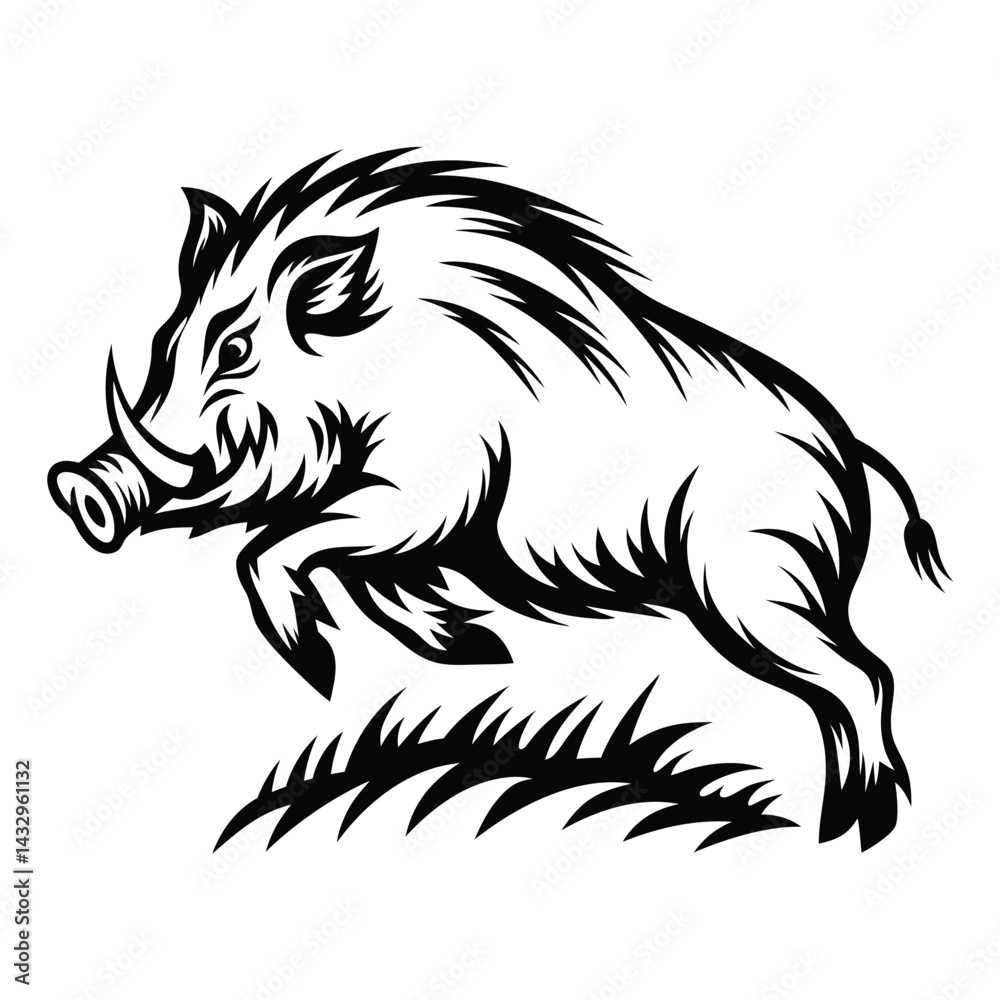 Fototapeta premium Wild Boar Leaping Silhouette, Aggressive Hog, Black and White Style