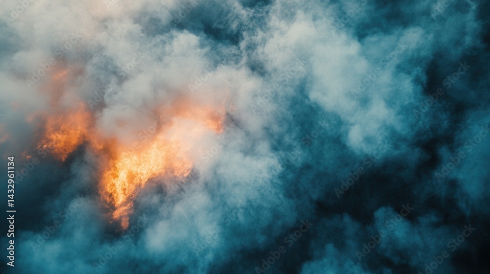 Captivating interplay of fire and smoke creating a dramatic and ethereal atmosphere blending warmth and coolness in a mesmerizing abstract composition
