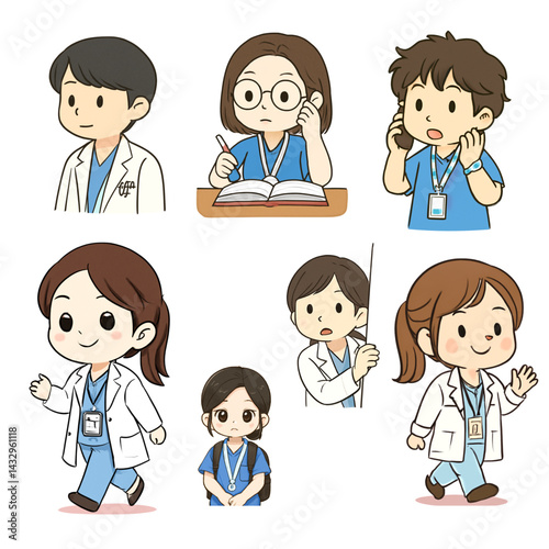 Cute Cartoon Medical Professionals in Various Activities