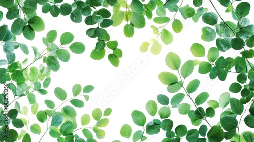 Lush green leaves frame on white background.