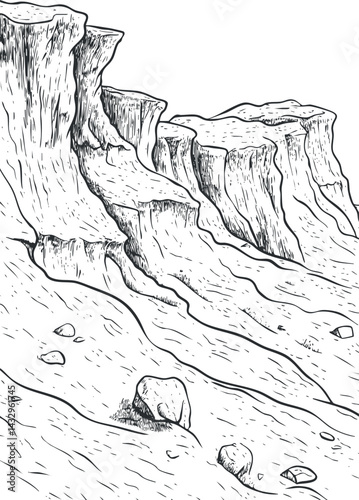 Black and white line drawing of a rugged cliff landscape with rocky terrain and steep outcrops