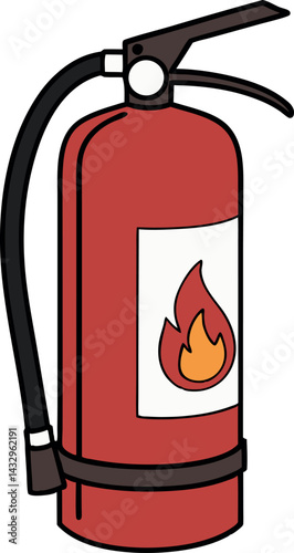 High-Quality Red Fire Extinguisher Vector Illustration with Bold Flame Icon for Fire Safety, Emergency Response, and Industrial Protection