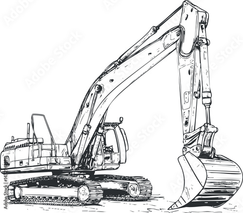 Black and white sketch of a construction excavator with bucket and tracked base used for digging and earthmoving