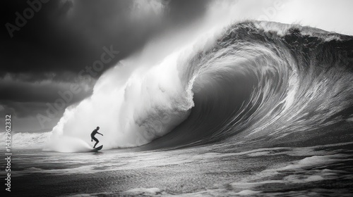 Surfer riding a massive, powerful wave in dramatic black and white.