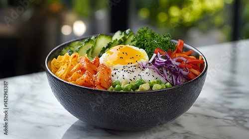 Delicious and colourful poke bowl with a variety of fresh and vibrant ingredients