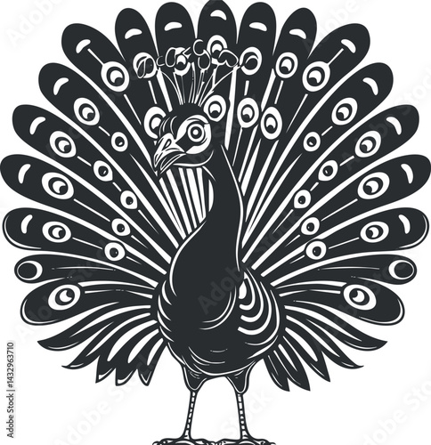 Black and white illustration of a peacock with its tail feathers fully fanned out in an elegant display.