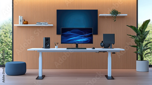 Obraz na płótnie modern creative desk setup featuring sleek white desk, dual monitors, speakers, and stylish plant. warm wooden wall and natural light create inviting workspace atmosphere w salonie