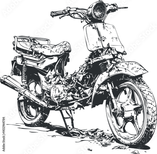 Black and white sketch illustration of a vintage old scooter motorbike with rust and wear details.