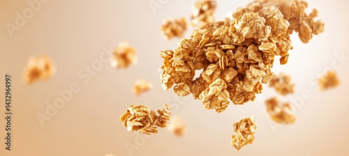 Falling granola pieces in light