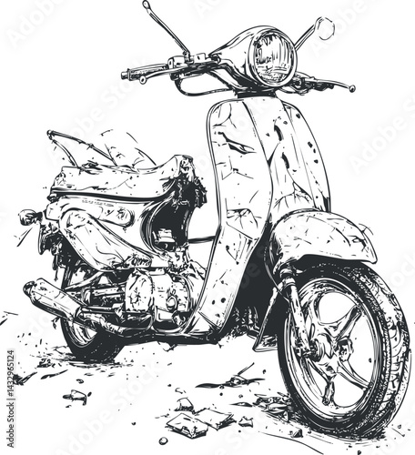 Hand-drawn black and white sketch of a damaged vintage scooter with broken parts and scratched surfaces.