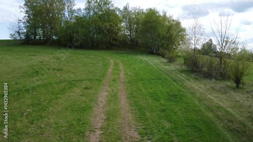 Flight Over Countryside Path and Forest Horizon