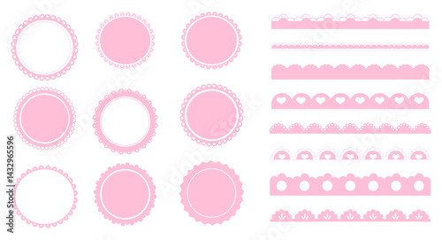 Scalloped pink border simple cute divider with heart and dots ornament edge cutout decoration isolated on white background. 