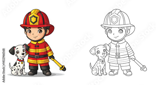 Firefighter and Dalmatian: A heartwarming illustration featuring a cheerful firefighter in full uniform, standing beside a playful Dalmatian puppy, perfect for children's books, coloring pages.