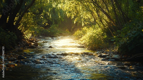 Stream flows through a forest with sunlight filtering through the trees.