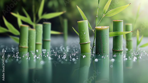 Obraz na płótnie serene close up of bamboo stalks emerging from calm water, surrounded by droplets and lush greenery, evoking tranquility and natural beauty w salonie