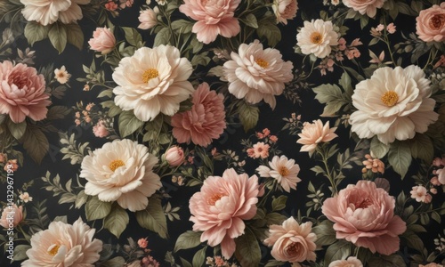 Elegant vintage floral wallpaper with faux blooms , shabby chic, vintage design, faux flowers