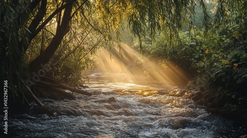 Sunbeams stream through trees onto a flowing river in a lush forest.