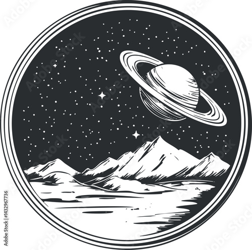 Black and white circular illustration of a ringed planet over mountainous landscape under a starry night sky