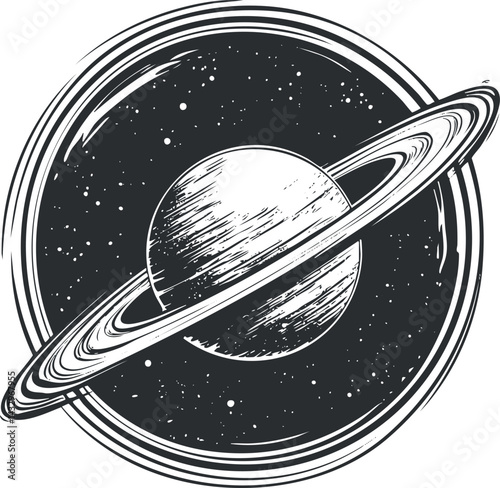 Black and white illustration of a ringed planet resembling Saturn with surrounding stars in space