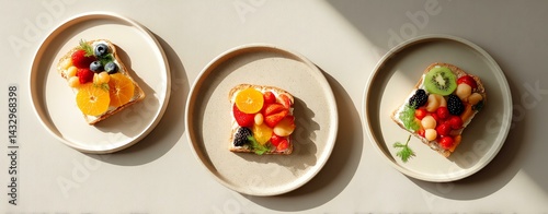 Variation of gluten free foods. Colorful fruit-topped toasts arranged artfully on minimalistic plates, showcasing a delightful blend of flavors and textures.