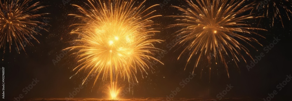 Naklejka premium Fiery yellow fireworks bloom, wide shot, intense heat , summer, explosion