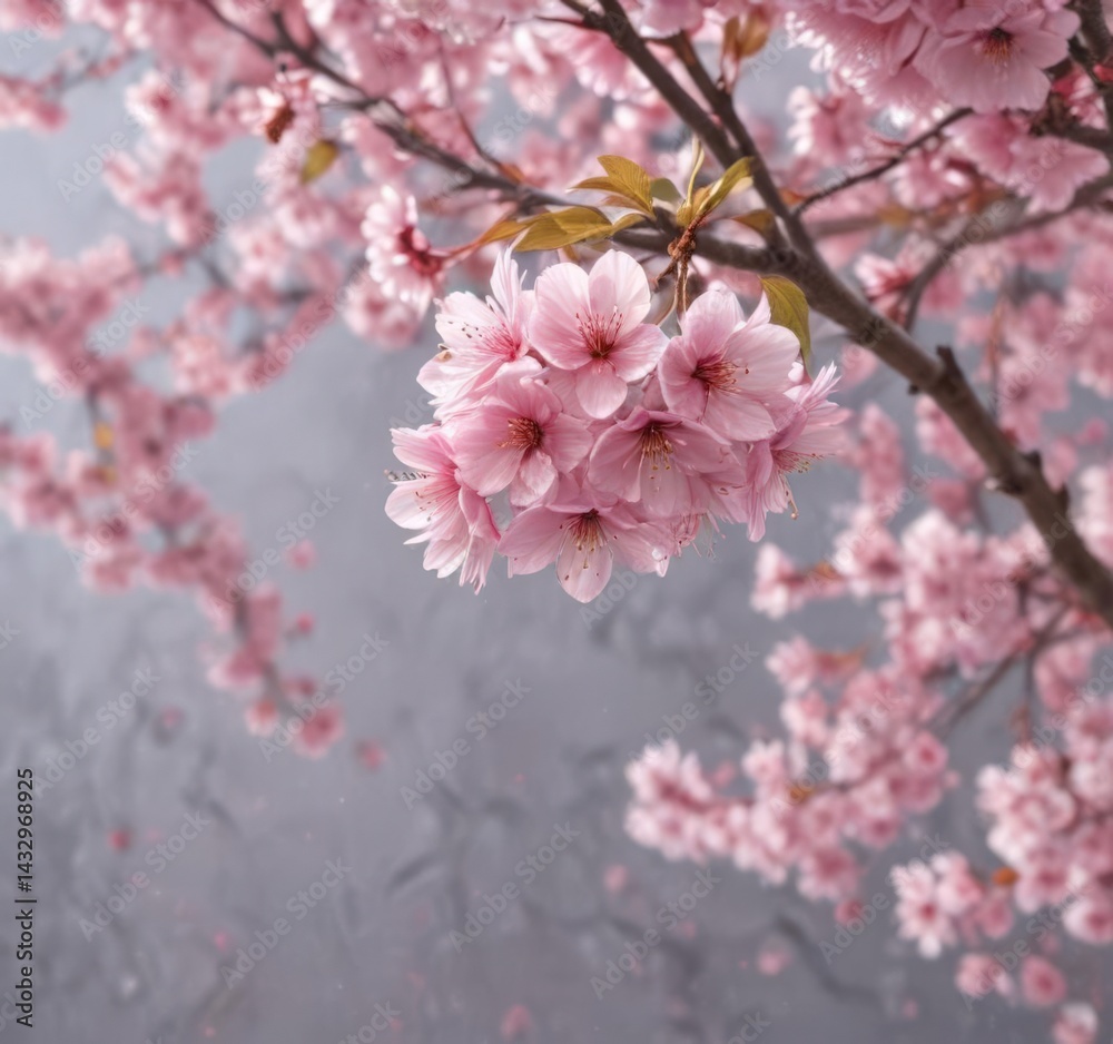 Fototapeta premium Floating pink sakura petals, blurred cherry blossoms in soft focus , backdrop, cherry