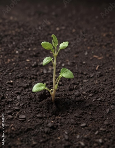 Bean seed sprouting in dark soil, early growth stage,  picture,  still life