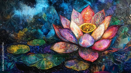 Colorful lotus flower with water lily pads in a dark blue pond.