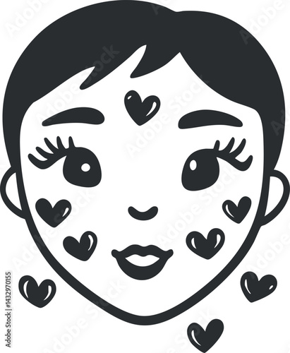 Illustration of a woman's face with hearts on cheeks and forehead representing love and affection