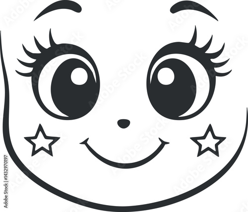 Black and white cartoon face with big eyes, smiling expression, and star decorations on cheeks