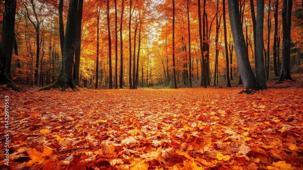 Obraz premium Autumnal forest path blanketed in vibrant foliage.